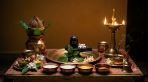 Maha Shivaratri Vratam puja at a home altar with Shivalinga, bilva leaves and a brass lamp lit for the night vigil