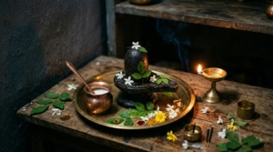 Maha Sivaratri pooja vidhi at a home altar with Shiva Linga, bilva leaves and lamp