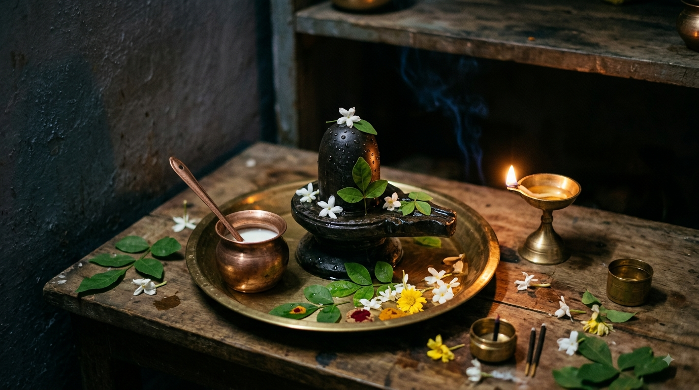 Maha Sivaratri pooja vidhi at a home altar with Shiva Linga, bilva leaves and lamp
