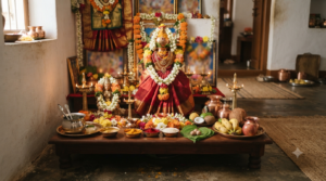Mangala Gowri Vratam Shravana Tuesday home pooja with lamps and flowers