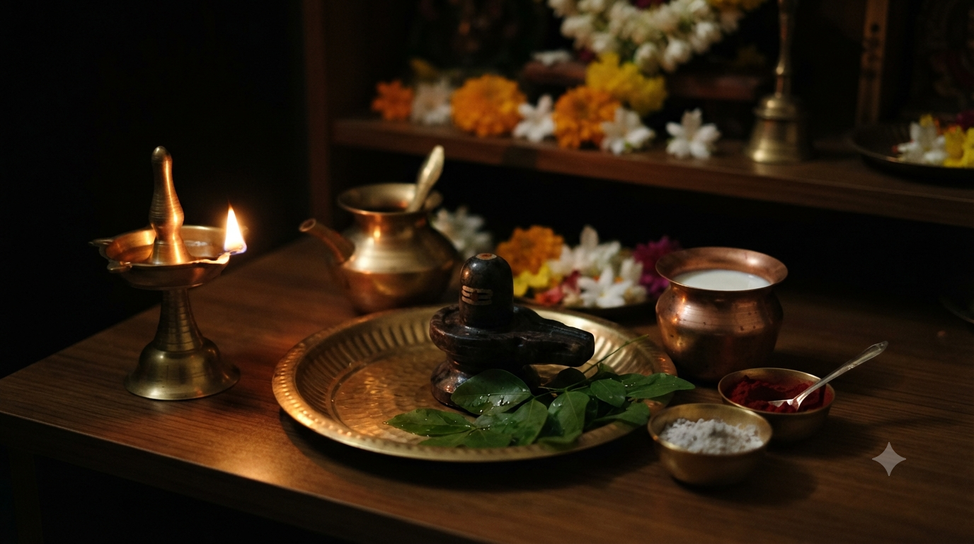 Masa Sivarathri abhishekam with bilva leaves and a ghee lamp at a Shiva Linga during Nishita Kala