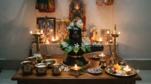 Masa Sivaratri Pooja Vidhanam with Shiva Linga, bilva leaves and oil lamps