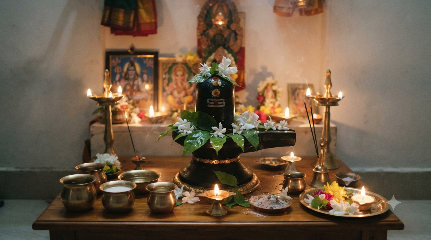 Masa Sivaratri Pooja Vidhanam with Shiva Linga, bilva leaves and oil lamps
