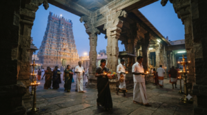 Meenakshi Temple pooja timings with pilgrims arriving for early morning worship in Madurai