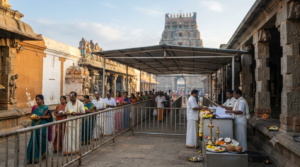 Mopidevi Rahu Ketu Pooja devotees arriving at a temple seva counter in the morning