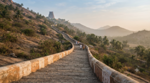 Murugan temples in Tamil Nadu — stepped hill path to a Dravidian shrine at dawn