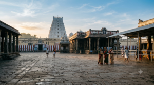 Nagalapuram temple timings guide with devotees arriving near a South Indian temple at dawn
