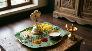 Nagula Chavithi pooja altar with Naga idol, milk, flowers and a lit lamp