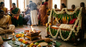Namakaranam ceremony: father whispering baby's name during the homam