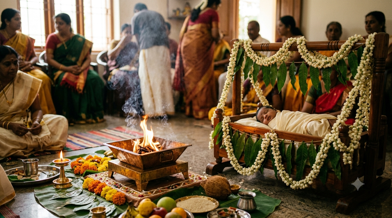 Namakaranam ceremony: father whispering baby's name during the homam