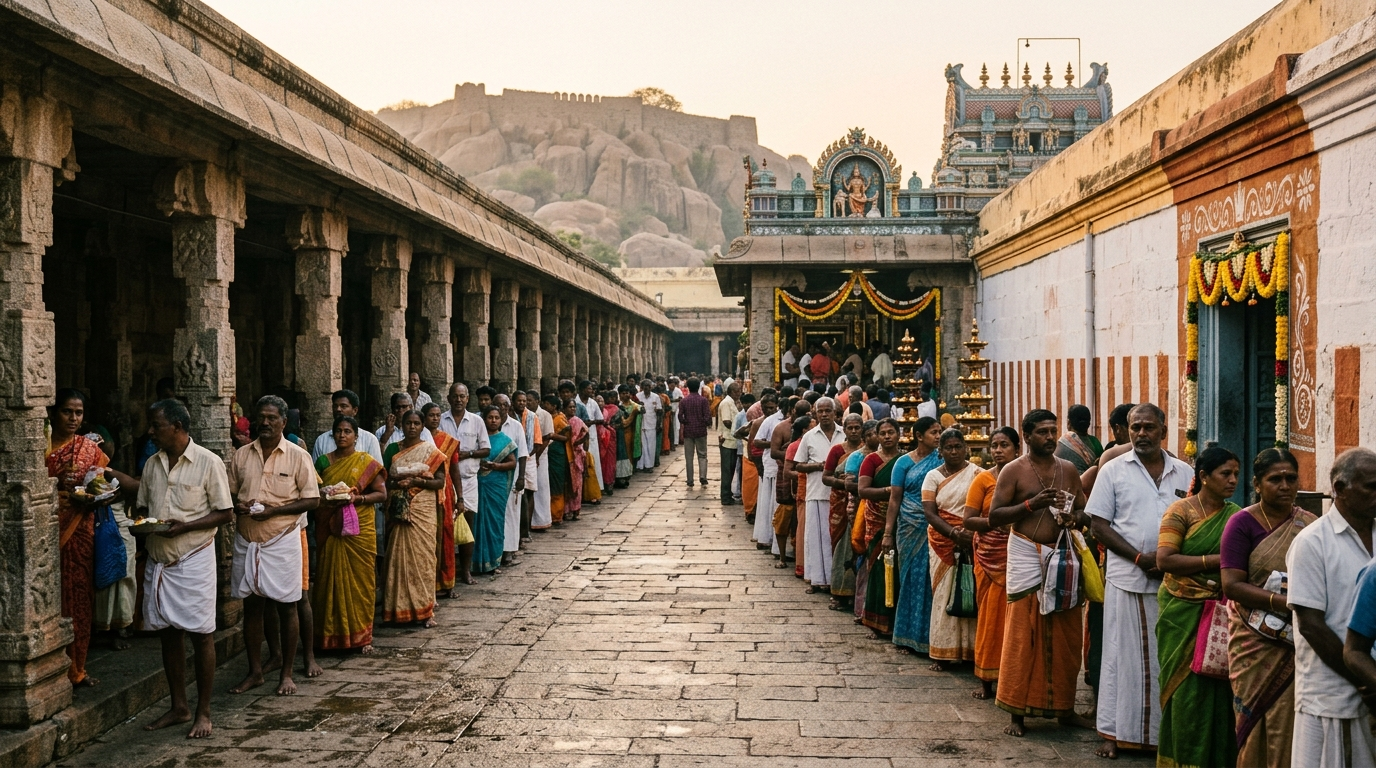 Namakkal Hanuman Temple timings board and morning darshan queue outside the open-air Anjaneyar sanctum