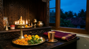 Narasimha Jayanti date evening puja altar with lamp, flowers and panakam at dusk