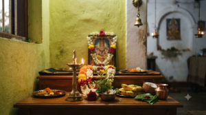 Narasimha Jayanti Home Puja with lamp, tulsi, flowers and offerings