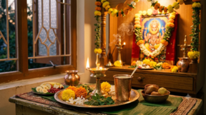 Narasimha Jayanti puja vidhi home altar with lamp, flowers and panakam at dusk
