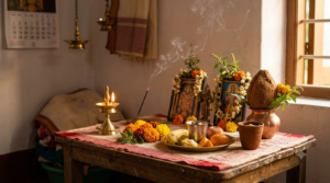 Narasimha Jayanti at home puja altar with ghee lamp, yellow flowers and fruit offerings
