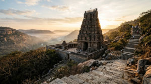 Narasimha temples in South India: granite hill shrine with tiered gopuram above forested Nallamala slopes