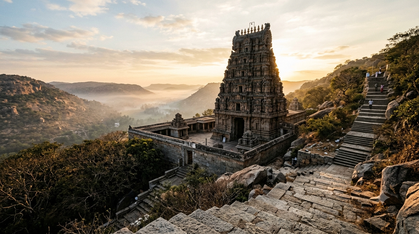 Narasimha temples in South India: granite hill shrine with tiered gopuram above forested Nallamala slopes