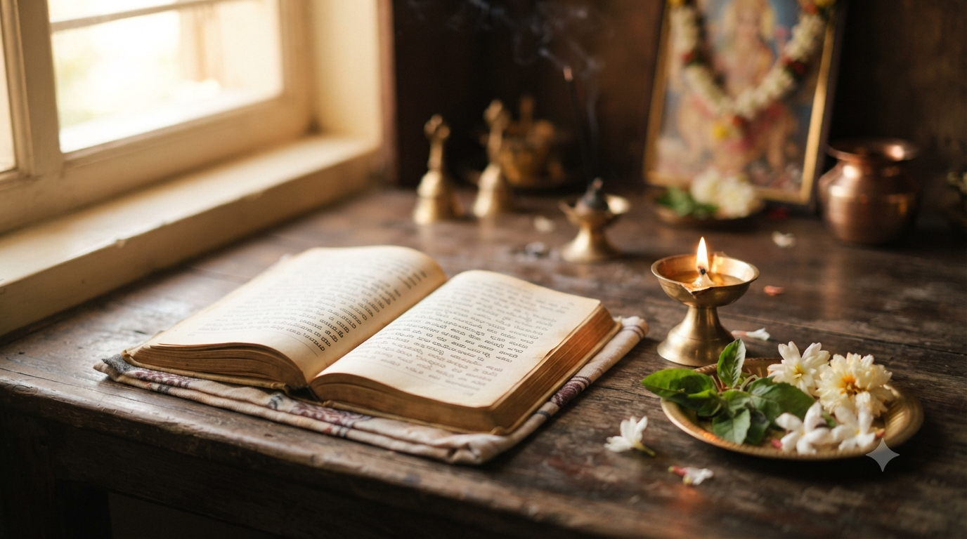 Narayana Stotram Telugu prayer book beside a traditional oil lamp