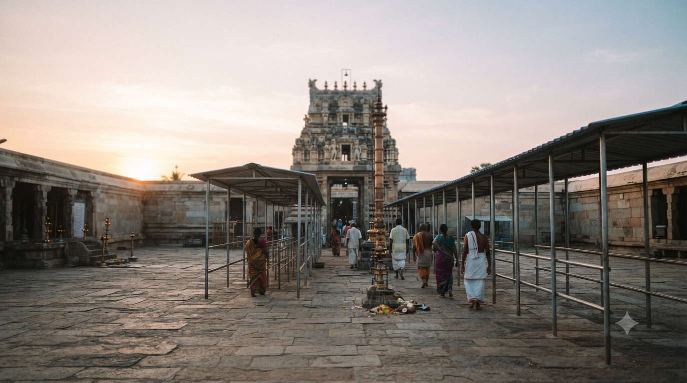 Narayanavanam temple timings with pilgrims approaching a South Indian temple entrance in morning light