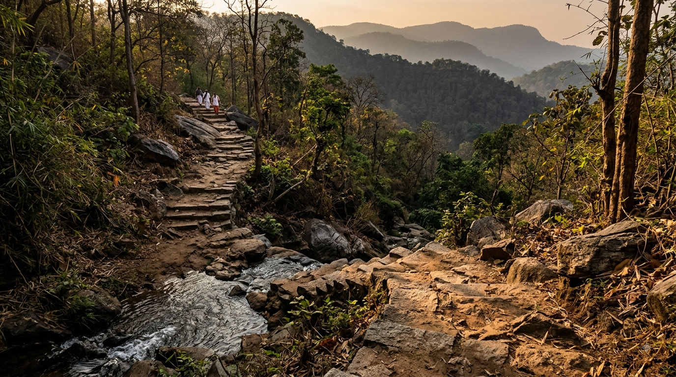 Nava Narasimha darshan timings guide — pilgrims climbing forest steps to the Ahobilam hill shrines at dawn