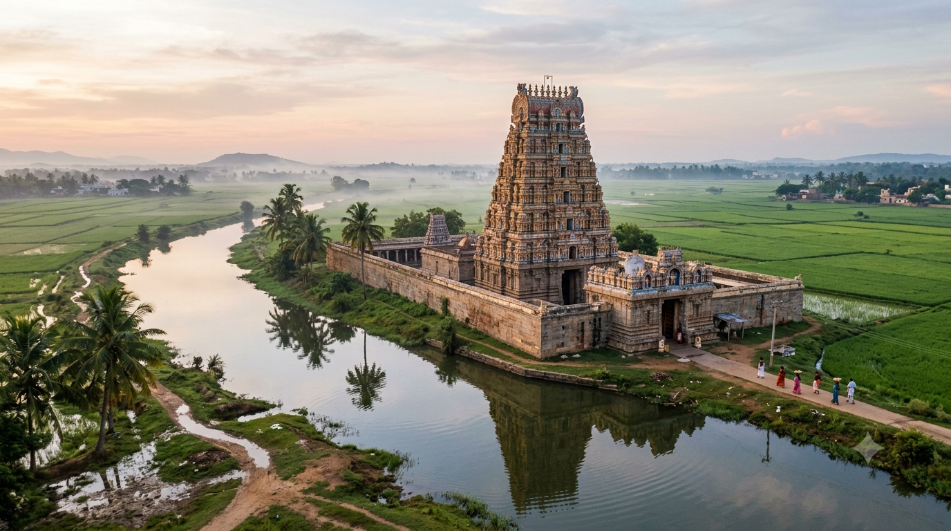 Nava Tirupati temples — Dravidian gopuram beside the Thamirabarani river at dawn