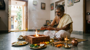 Purohit performing a home homam, illustrating online purohit booking for family ceremonies