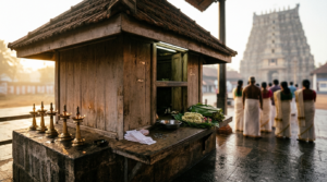 Padmanabhaswamy temple pooja list — devotees at a Kerala temple vazhipadu offering counter at dawn