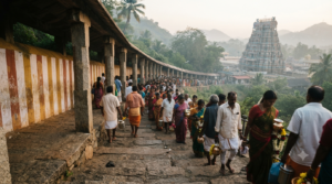 Palani temple pooja list board and pilgrim queue at the hill shrine entrance