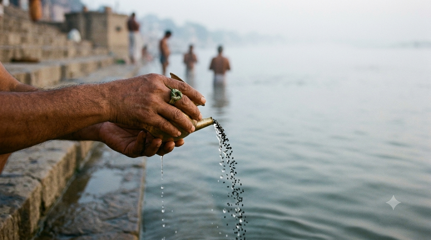 Pitru Paksha 2026 Tarpan ritual — hands offering water and sesame at a river ghat at dawn