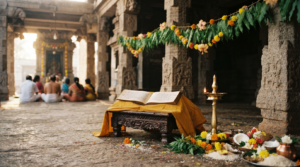 Plava Nama Samvatsara panchangam and Ugadi almanac pages on a wooden table before a Telugu New Year reading