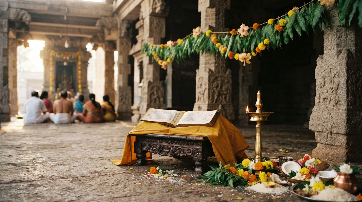 Plava Nama Samvatsara panchangam and Ugadi almanac pages on a wooden table before a Telugu New Year reading