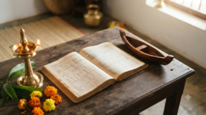 Plava Samvatsaram meaning shown with a traditional panchangam, lamp and symbolic boat