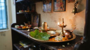 Pradosha Pooja at home setup with a small Shiva lingam, bilva leaves and a lit oil lamp at dusk