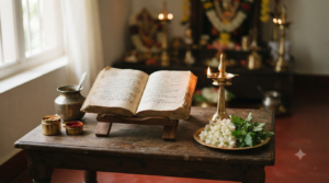 Raghavendra Stotram in Telugu devotional book beside a traditional oil lamp