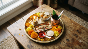 Rakhi Purnima date guide with rakhi thali, diya, kumkum and sweets