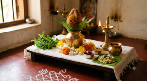 Rama Navami pooja vidhanam home altar with kalasham, brass lamp, flowers and a pot of panakam