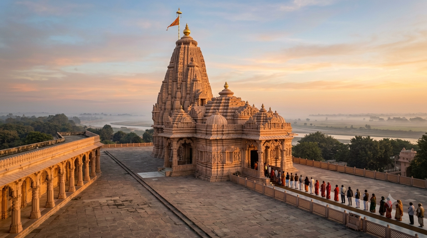 Rama temples in North India - sandstone Nagara-style temple spire at sunrise with pilgrims queueing in the courtyard