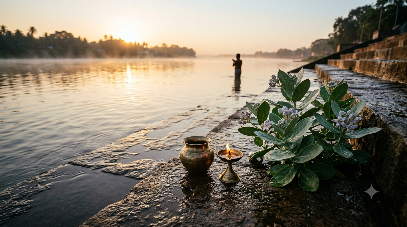 Ratha Saptami date rituals: pre-dawn Arghya offering to the rising sun with a brass kalash and arka leaves