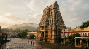 Shiva temples in India: dawn view of a tiered South Indian gopuram with distant pilgrims