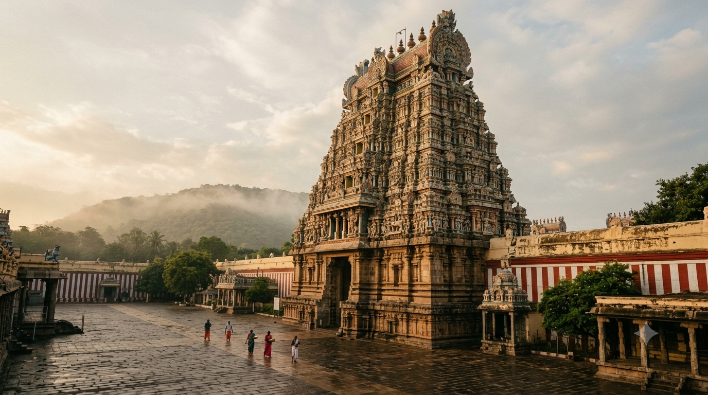Shiva temples in India: dawn view of a tiered South Indian gopuram with distant pilgrims