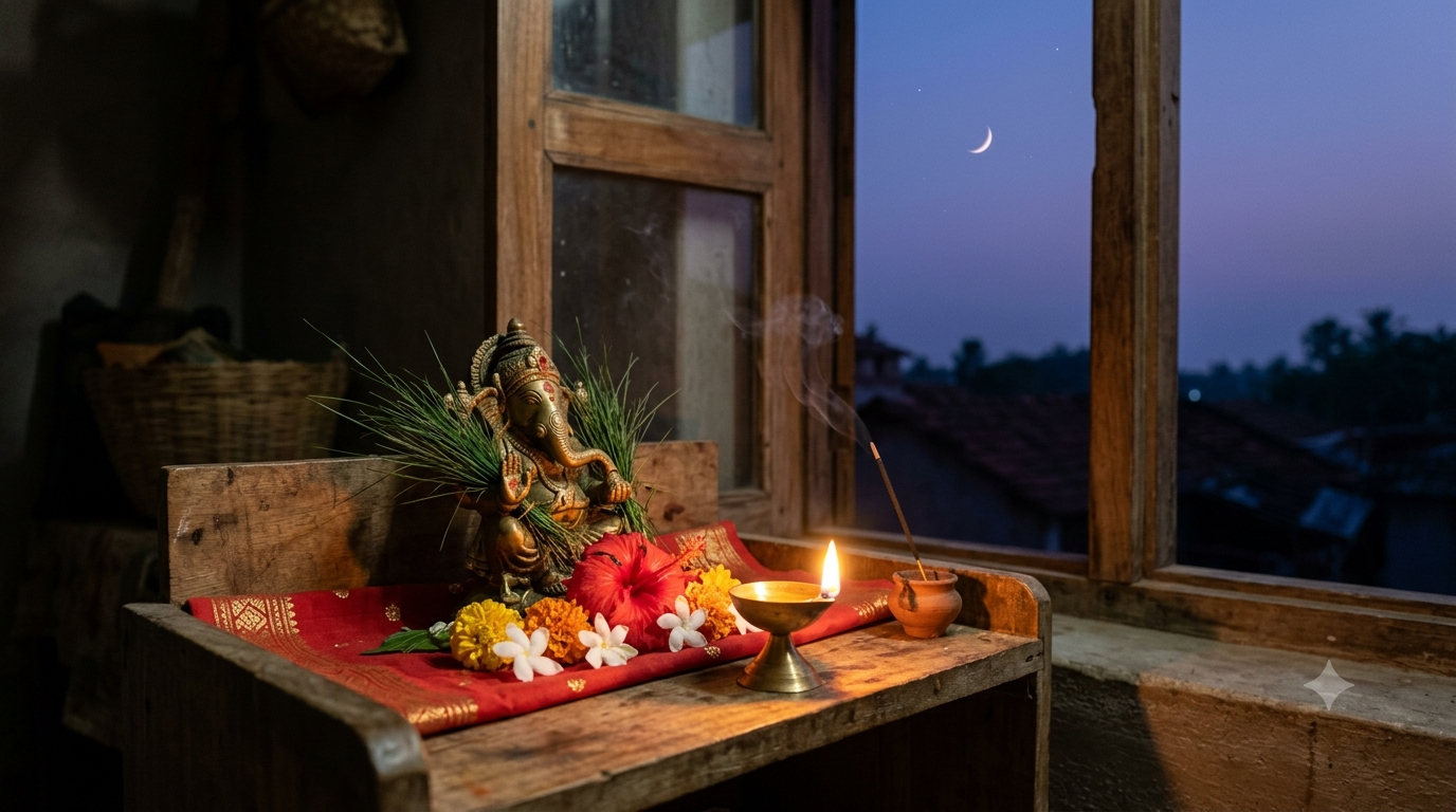 Sankashti Chaturthi Vrat Dates - Ganesha home altar with lamp under an evening crescent moon