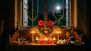 Sankatahara Chaturthi dates 2026 Ganesha altar with oil lamps and full moon at moonrise
