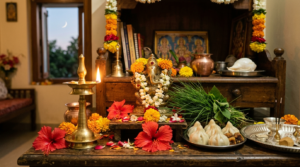 Sankatahara Chaturthi Vratham In Telugu home pooja altar with Ganesha, durva grass and modak