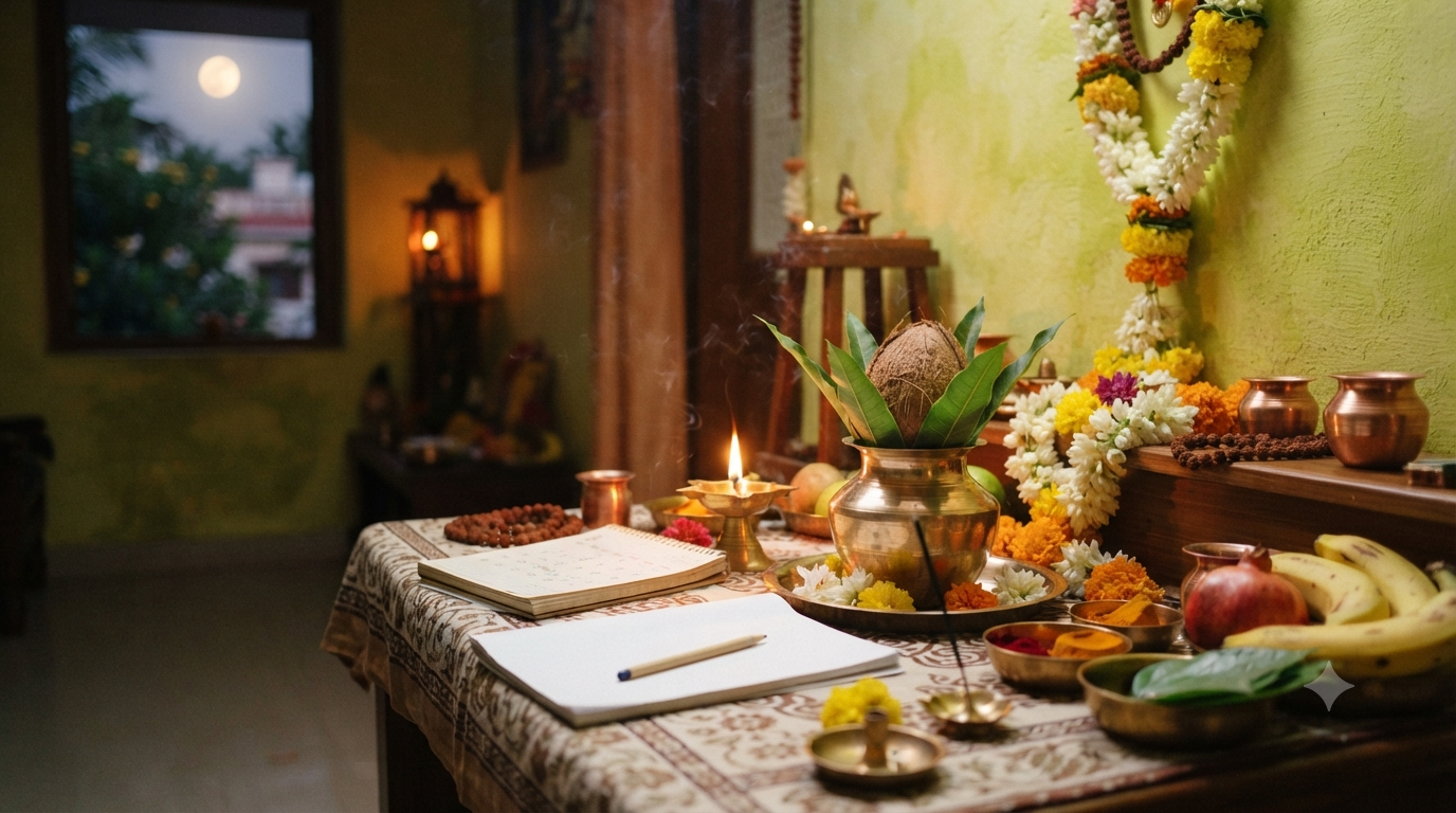 Satyanarayana Vratam dates with Purnima calendar and traditional home puja setup