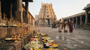 Shakti temples in Tamil Nadu pilgrimage scene with lamps and distant gopuram