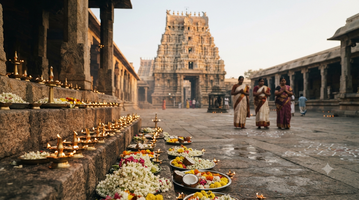 Shakti temples in Tamil Nadu pilgrimage scene with lamps and distant gopuram