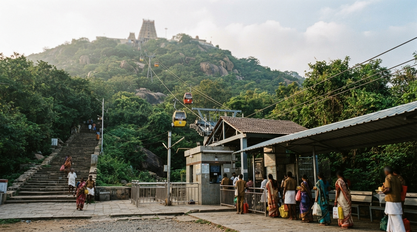 Sholingur Temple darshan guide showing hill ropeway access and pilgrim approach
