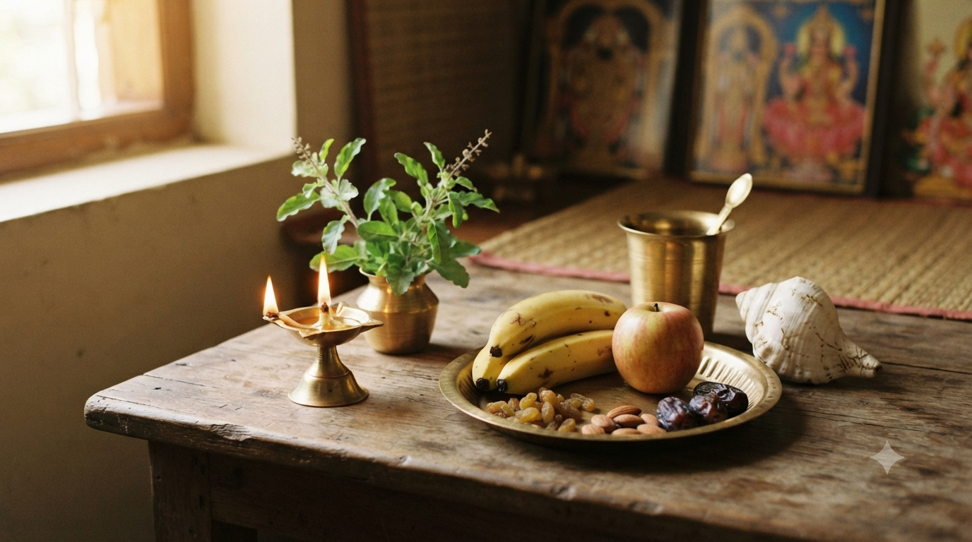 Significance Ekadashi Vratam: brass Vishnu lamp, tulsi and fruit on a fasting plate