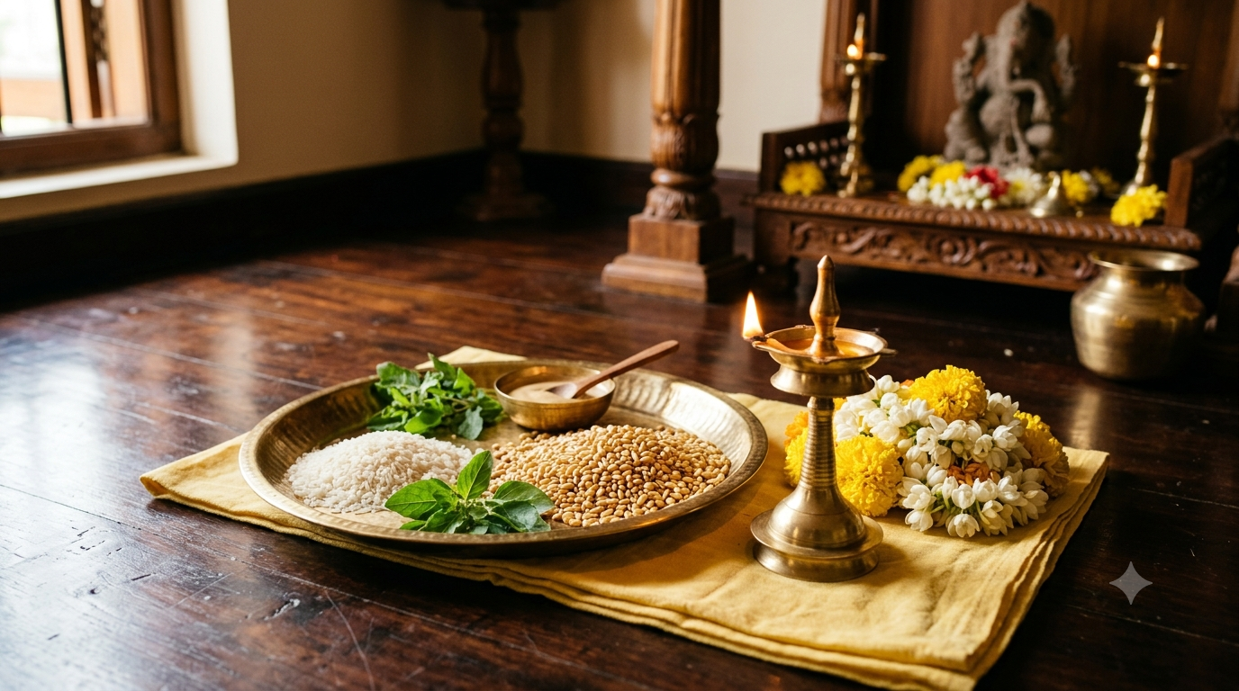 Significance Of Akshaya Tritiya home puja with ghee lamp, sandalwood, tulsi and barley on a brass plate