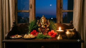 Significance Of Sankastahara Chaturthi home puja with Ganesha idol, lamp and moon arghya